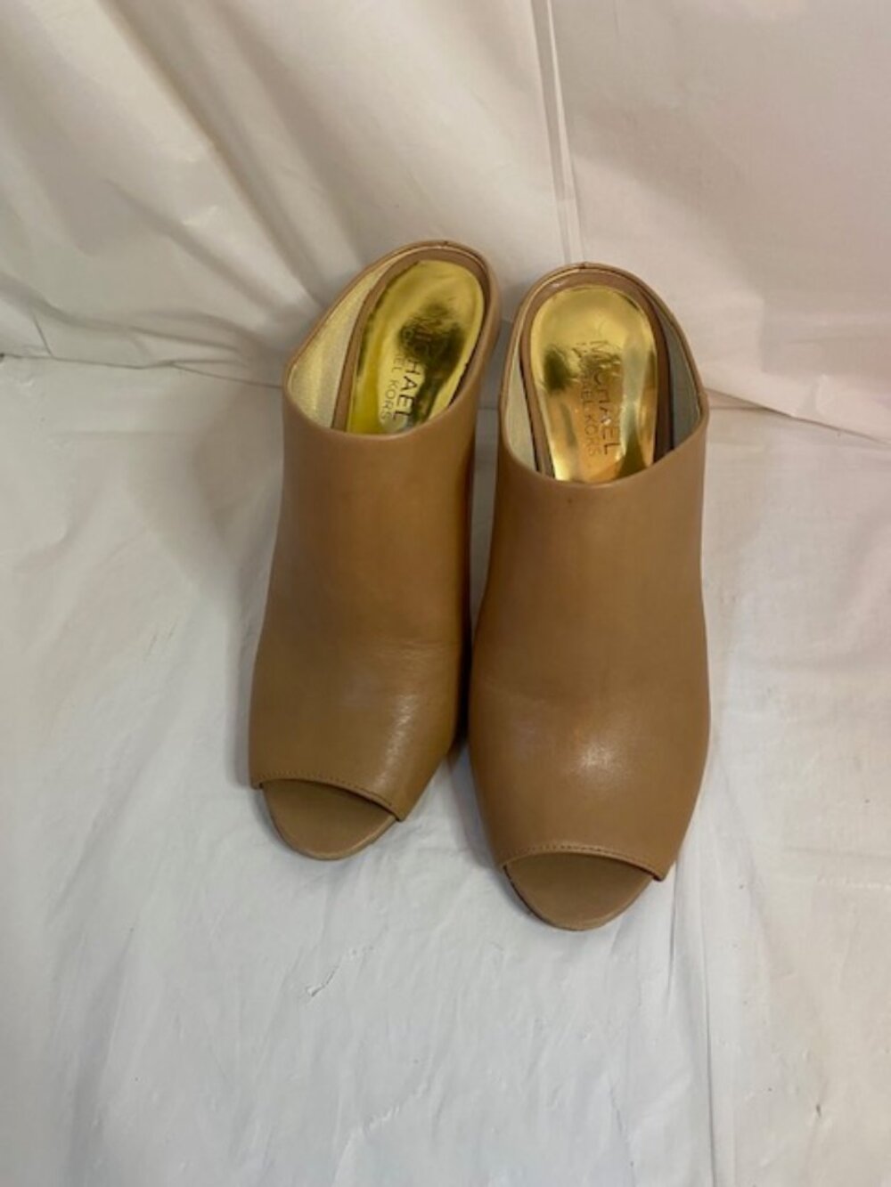 Michael Kors Tan Leather Peep-Toe Mule Heels